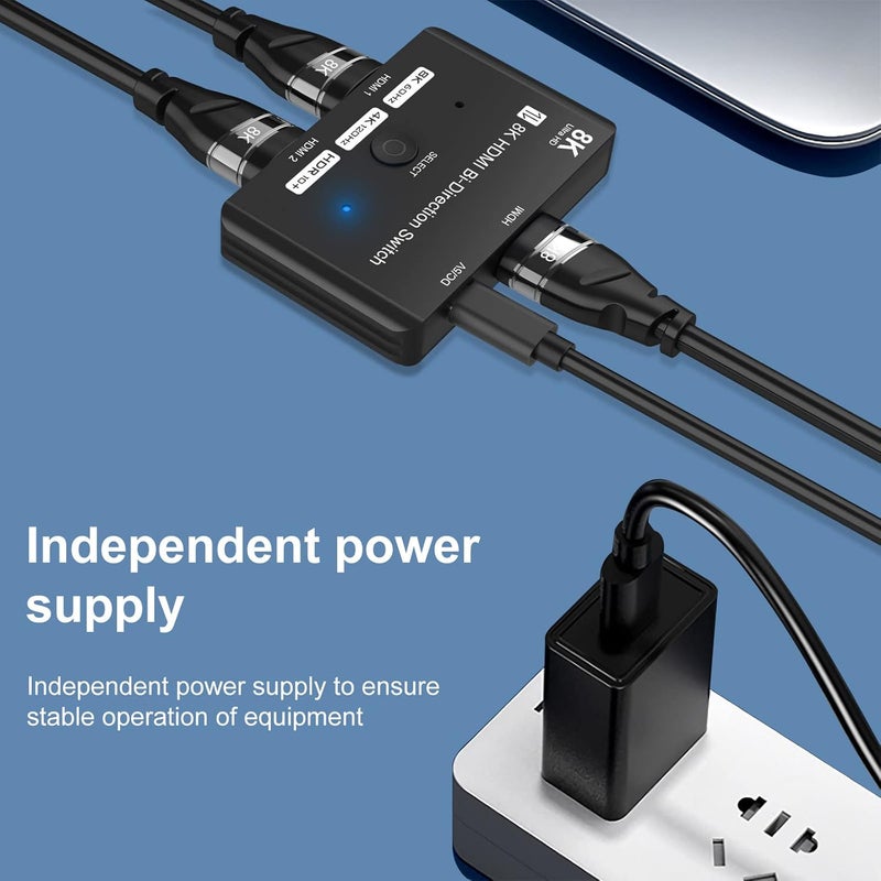 YDF HDMI 2.1 Bi-Directional Switch Ultra HD 8K HDMI Switcher 2 in 1 Out/ 1 in 2 Out HDMI Switch Supports 8K@60Hz/ 4K@120Hz 48Gbps Compatible with Switch/Switch OLED PS5/4 Xbox Roku Apple TV Fire TV Stick - Image 4